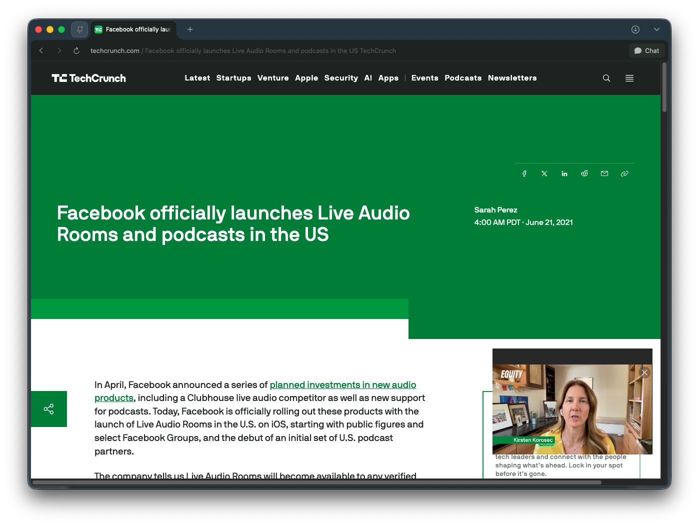 TechCrunch coverage of Facebook Live Audio Rooms launching in the U.S.