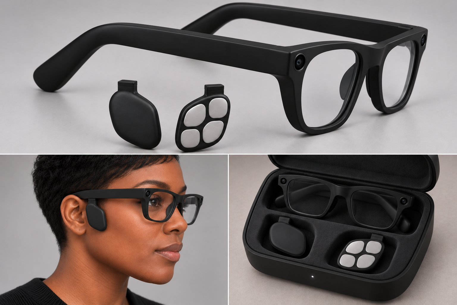 Concept render of black camera glasses with two removable sensor modules, shown on a person and stored together in a case